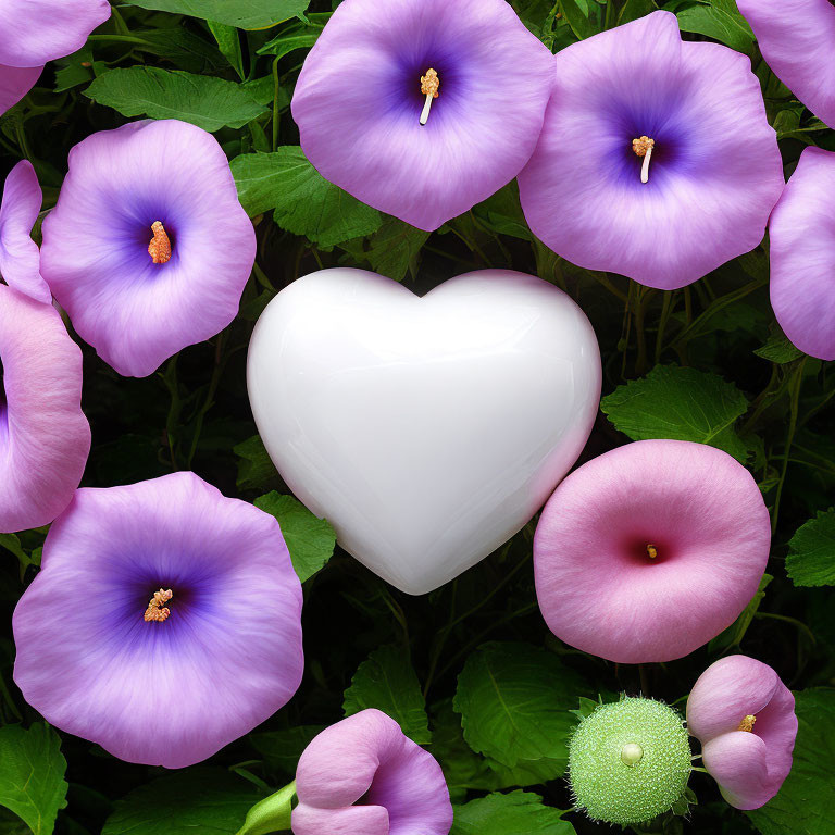 White heart with purple morning glories and green foliage in a romantic setting