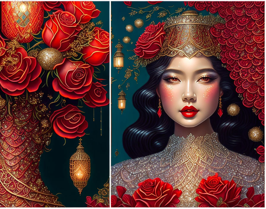 Illustrated portrait of a woman with traditional headpiece and red roses in mystical setting