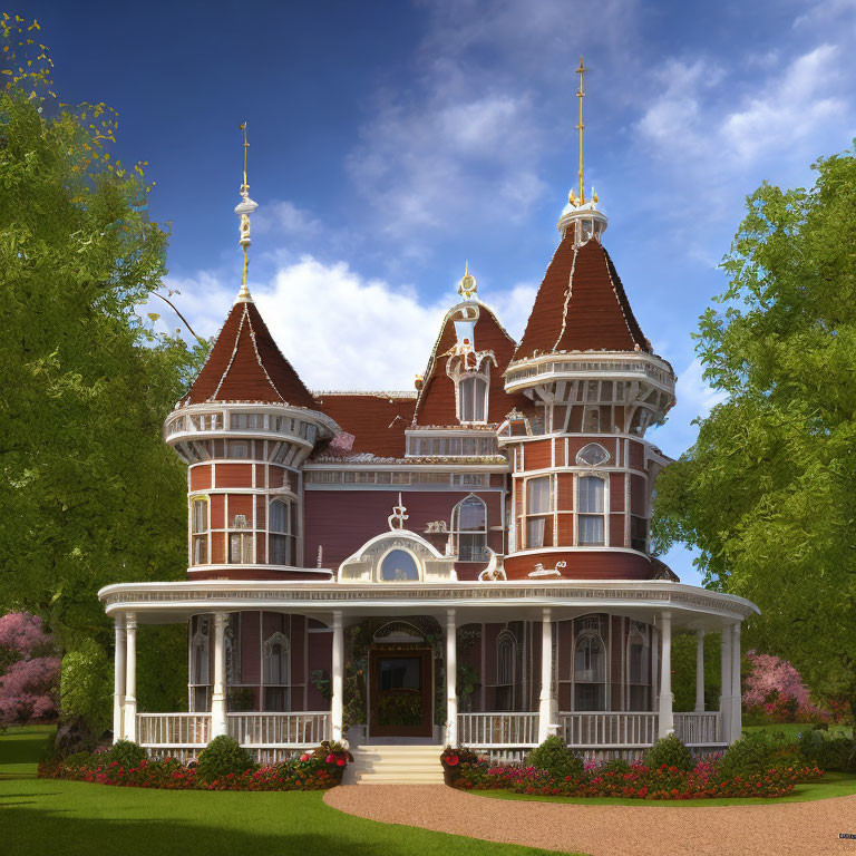 Victorian Style Mansion with Towers and Lush Gardens