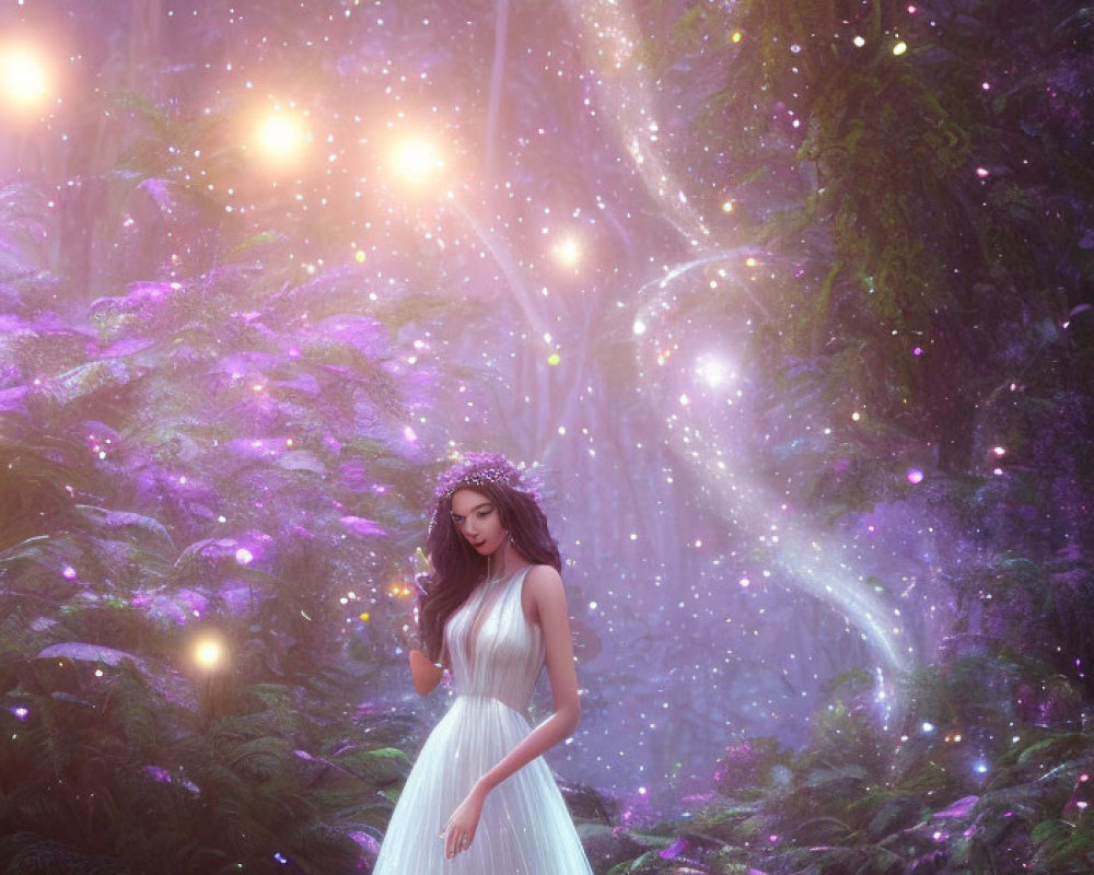 Woman in White Dress in Enchanted Forest with Purple Hues