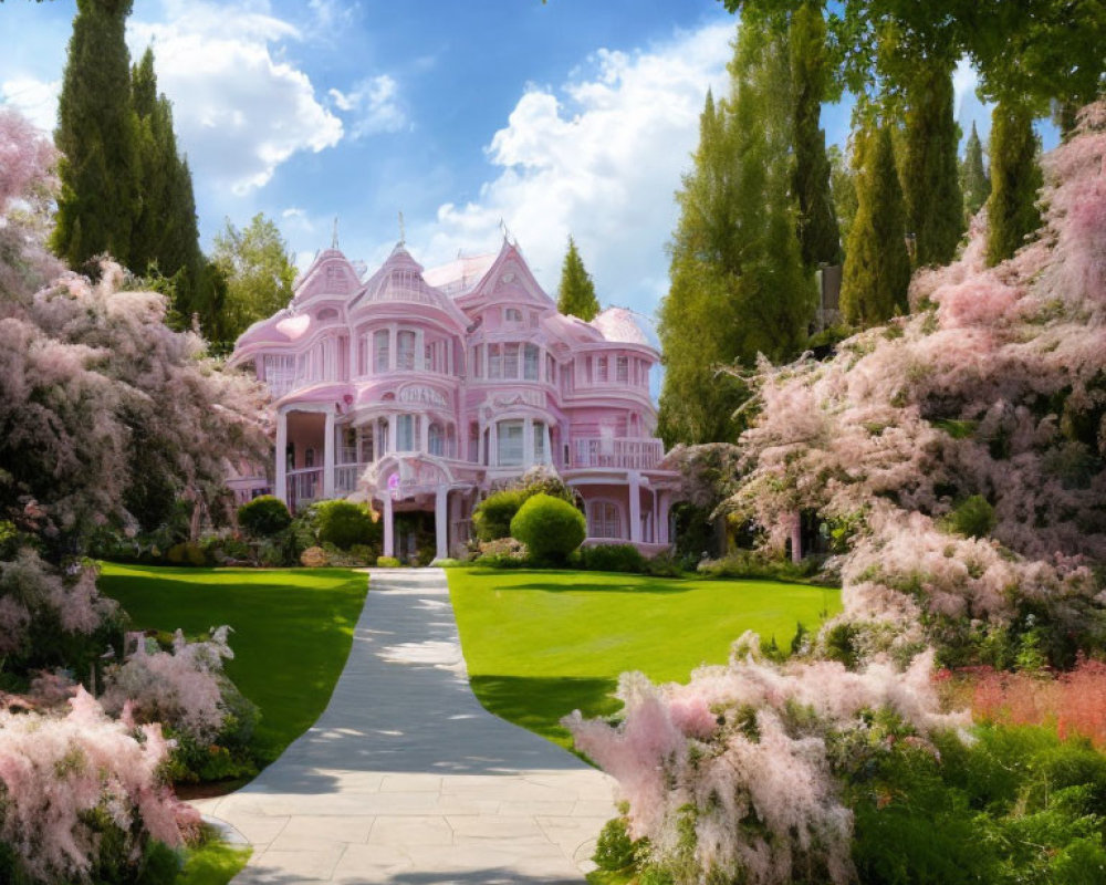 Pink Victorian Mansion Surrounded by Flowers and Greenery