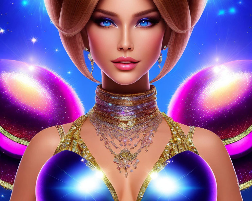 Digital artwork featuring woman with blue eyes, blonde hair, gold jewelry, and glowing orbs in cosmic setting