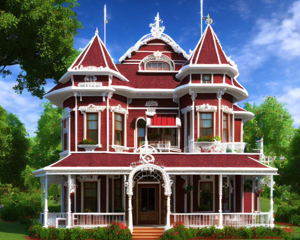 Victorian-style house with ornate trim and turrets in lush landscape