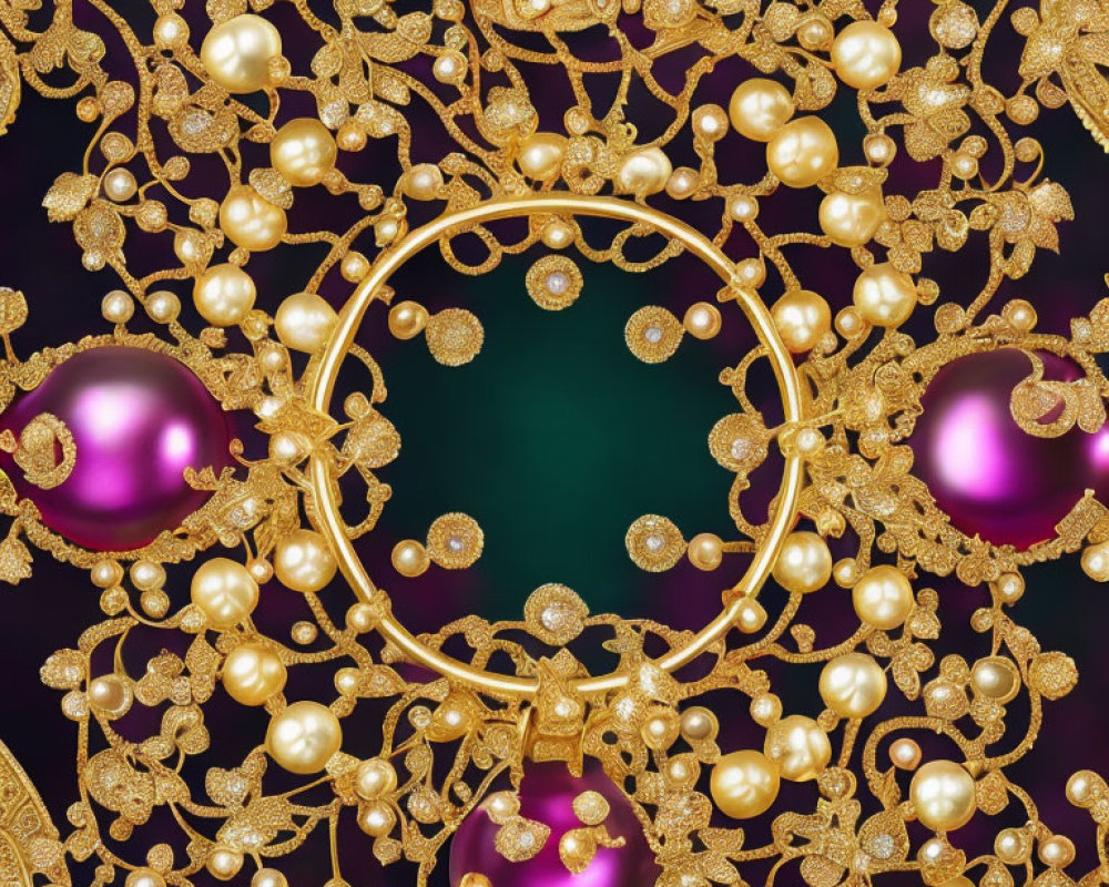 Luxurious Golden Filigree Pattern with Pearls and Purple Baubles