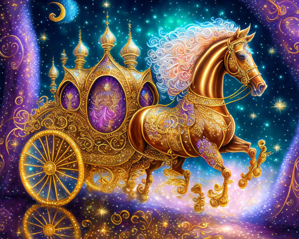 Golden carriage with majestic horse in cosmic backdrop