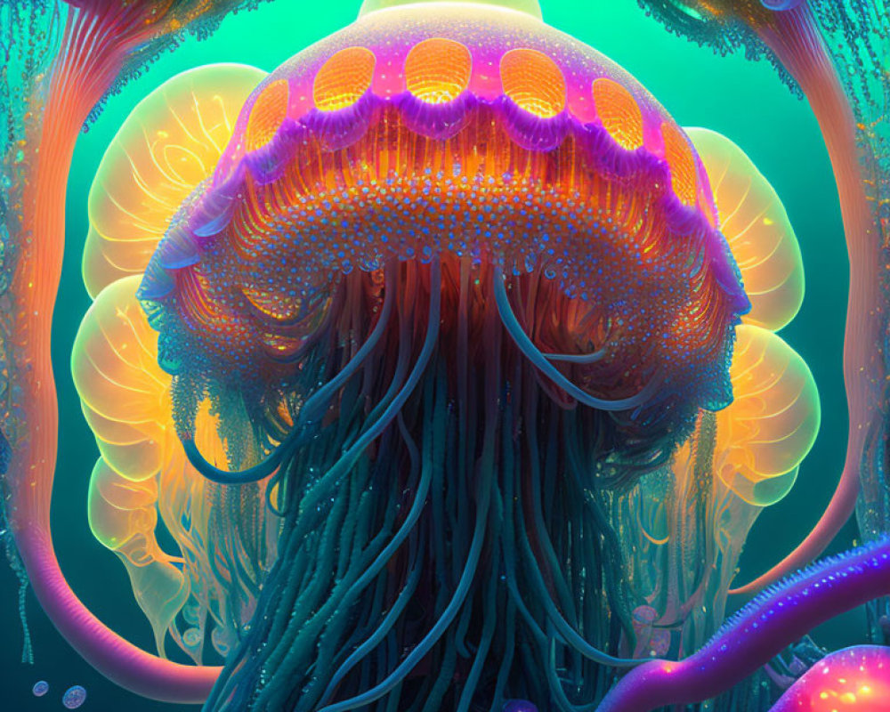 Detailed Digital Artwork: Vibrant Jellyfish in Orange Dome Underwater