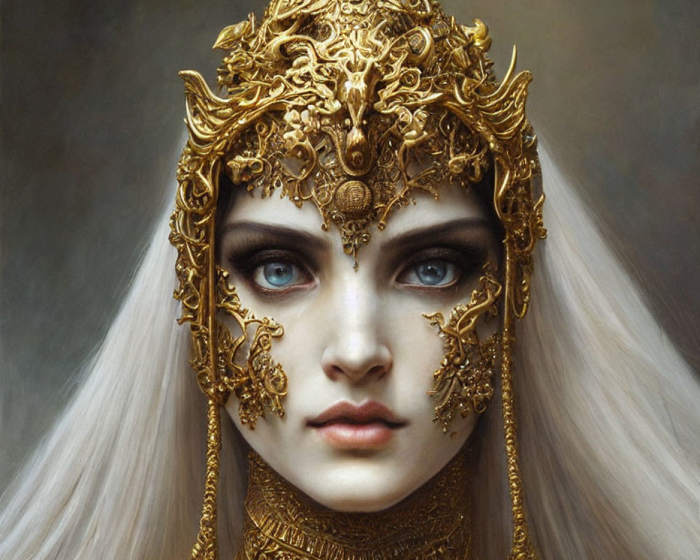 Woman with blue eyes and white hair in ornate golden headdress.