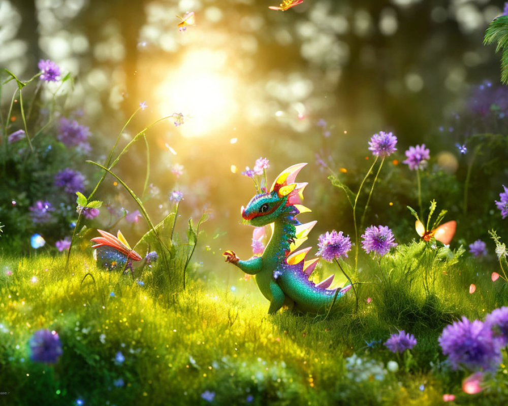 Colorful Dragon in Sunlit Forest Glade with Fairies