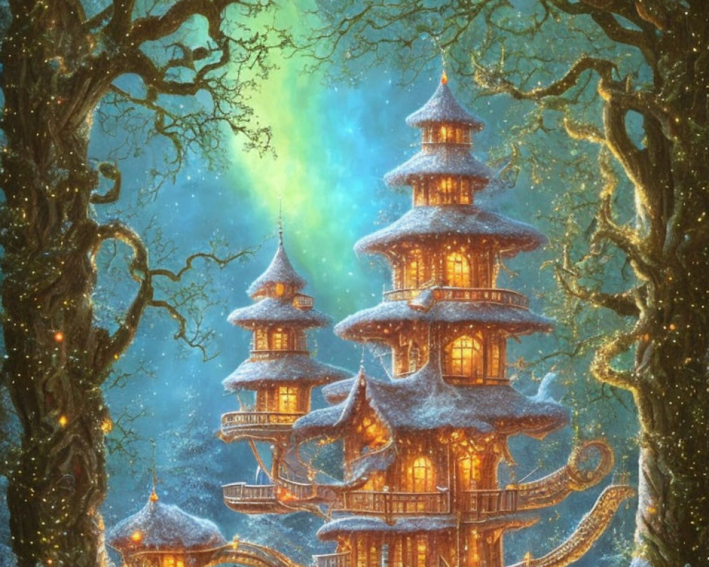 Illustration of snow-covered pagoda in mystical forest with green aurora