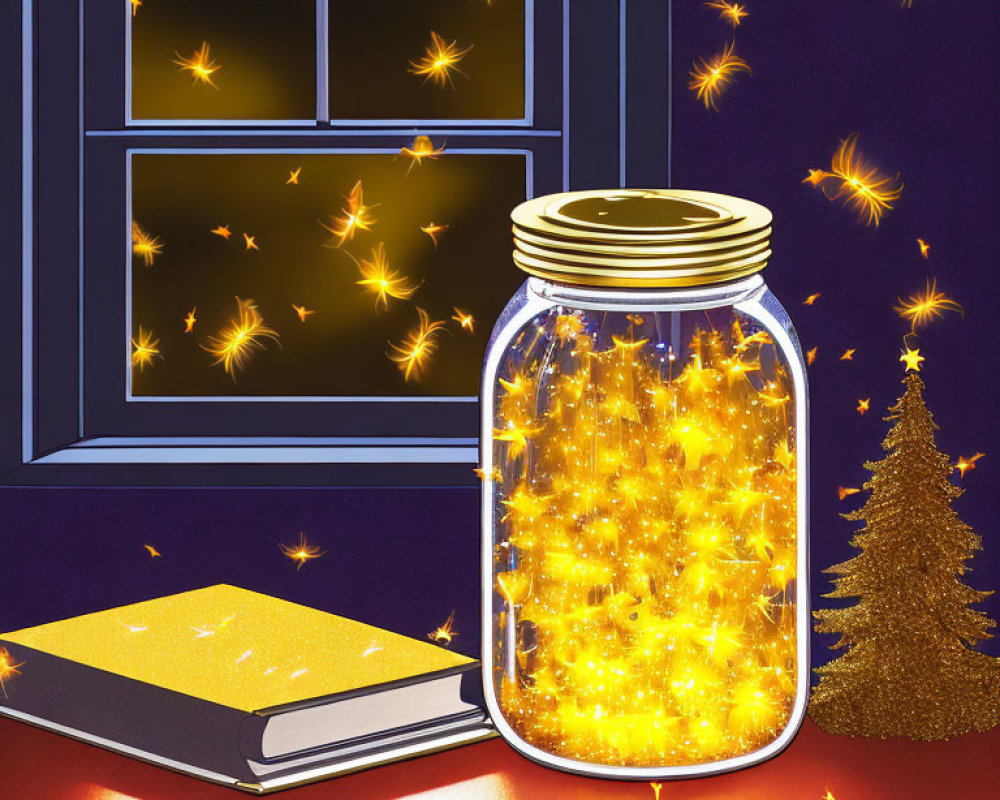 Glowing fairy lights, book, Christmas tree, night sky on windowsill