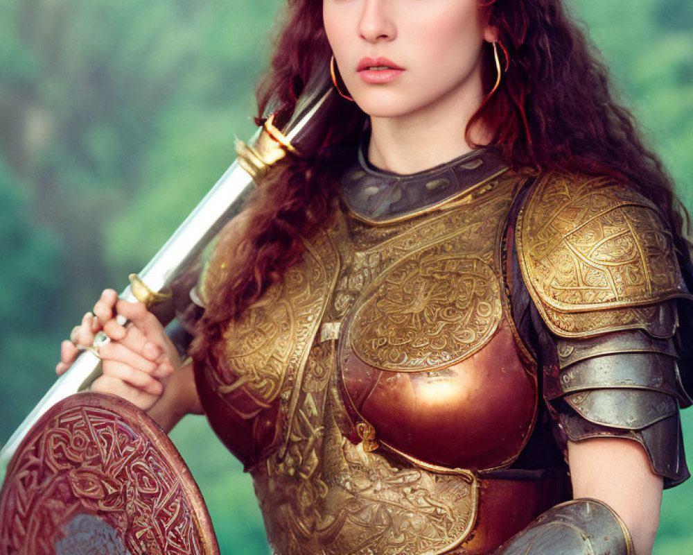 Golden-armored woman wields sword and shield on green backdrop