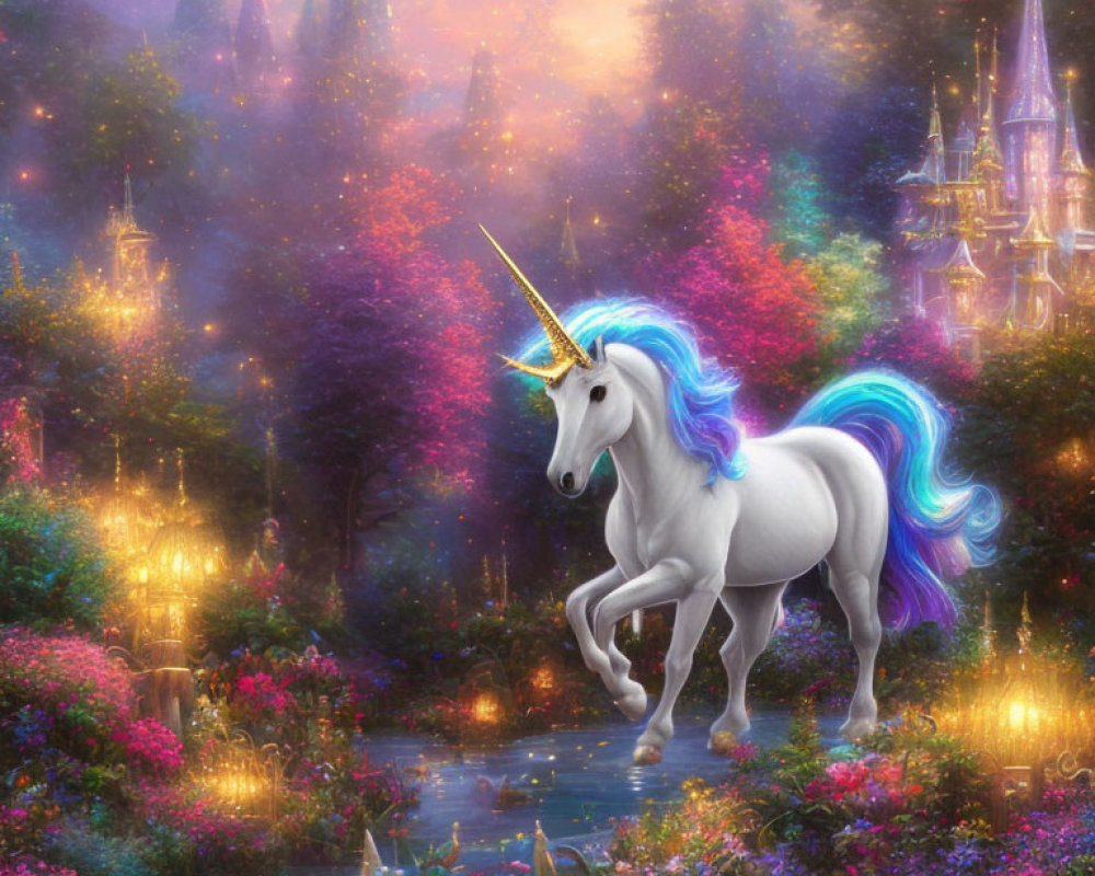 Blue-Maned Unicorn in Magical Forest with Glittering Lights