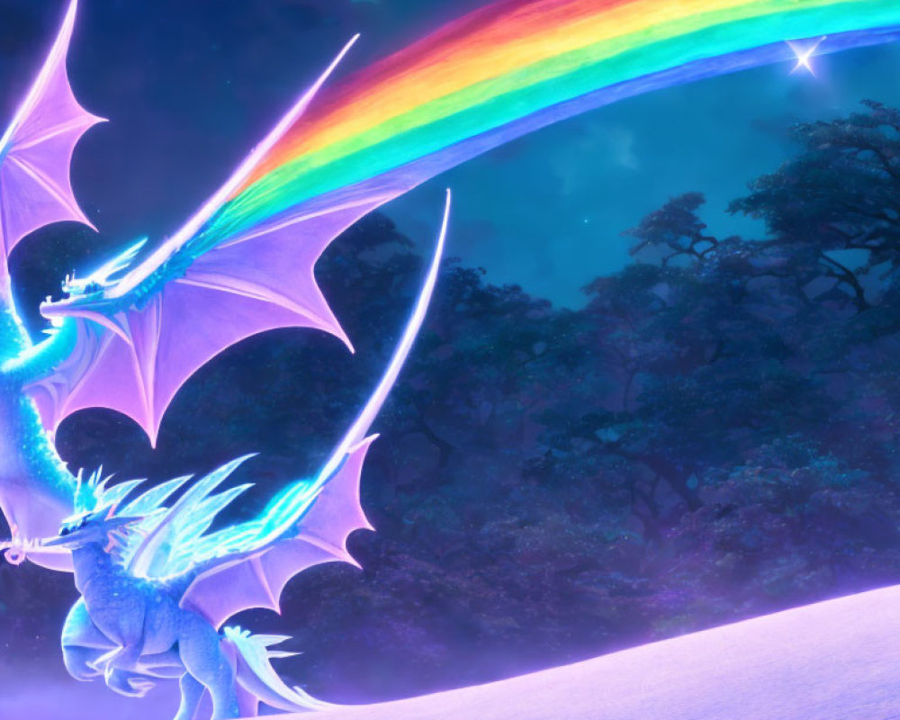 Majestic blue dragon in mystical forest breathing rainbow at night