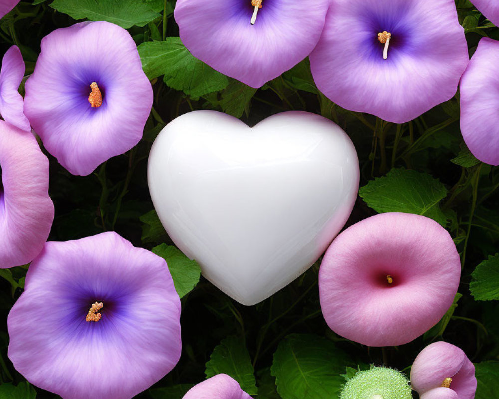 White heart with purple morning glories and green foliage in a romantic setting