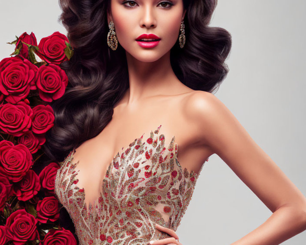 Woman with updo hairstyle, tiara, beaded gown, and red rose bouquet on light background