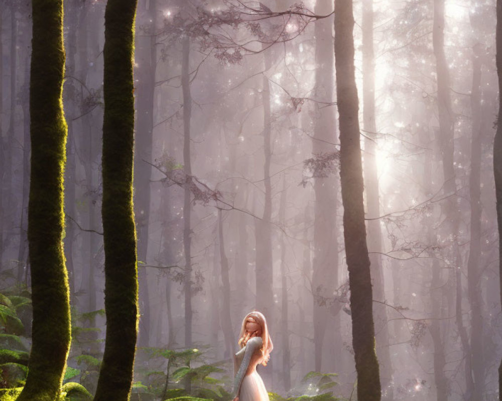 Woman in elegant gown in misty, sunlit forest with moss-covered trees