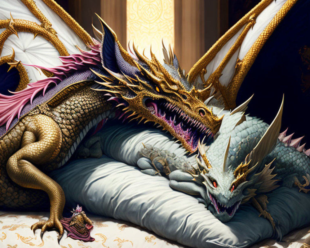 Golden and Silver Dragons on Regal Bed in Opulent Room