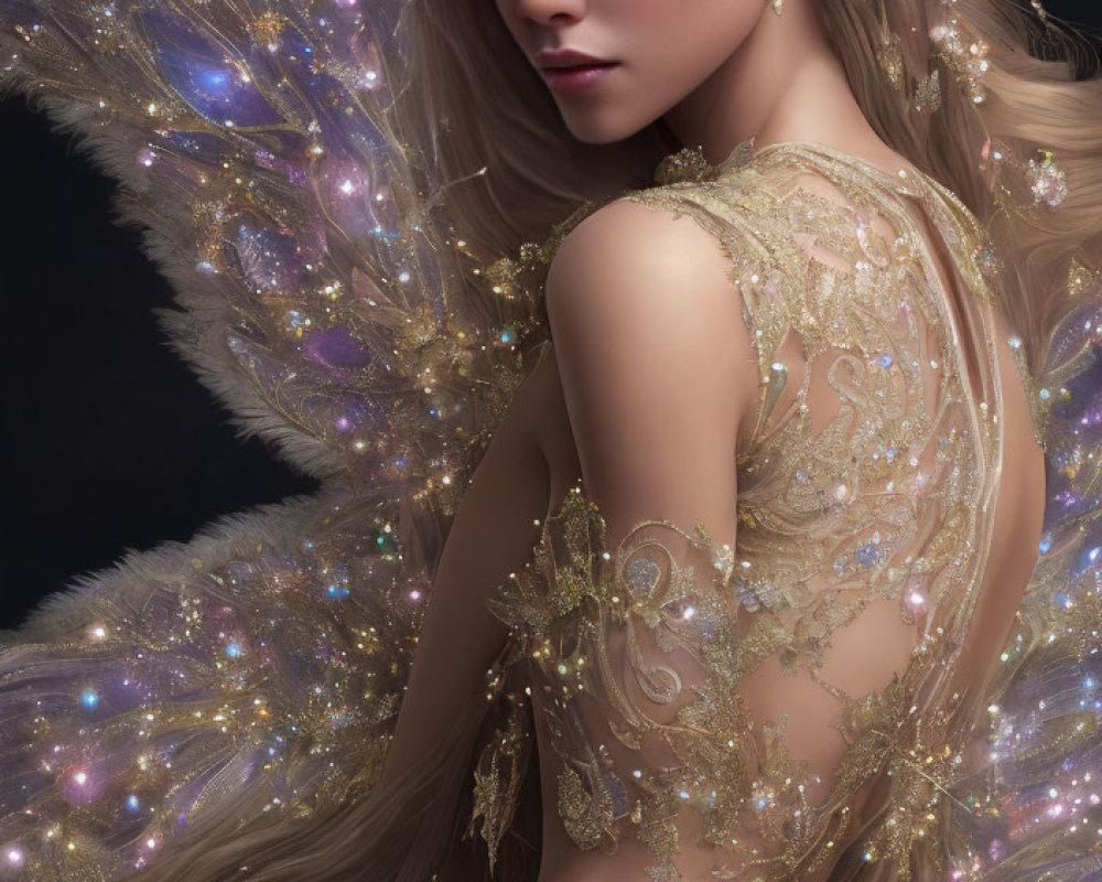 Intricate golden attire woman with sparkling wings and jeweled crown on dark background