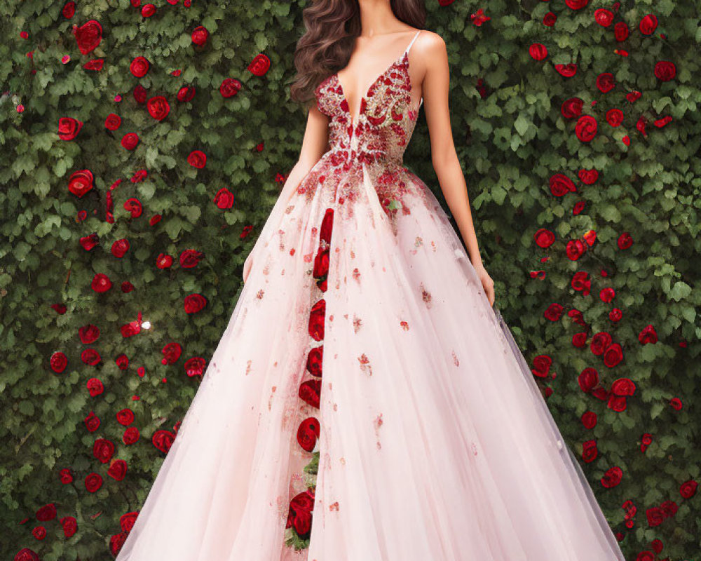 Woman in White and Red Floral Gown Surrounded by Red Roses