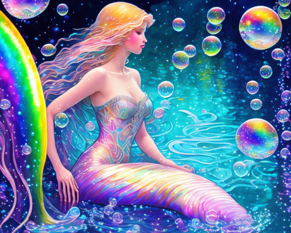 Colorful mermaid illustration with flowing hair in iridescent bubbles and starry underwater scene