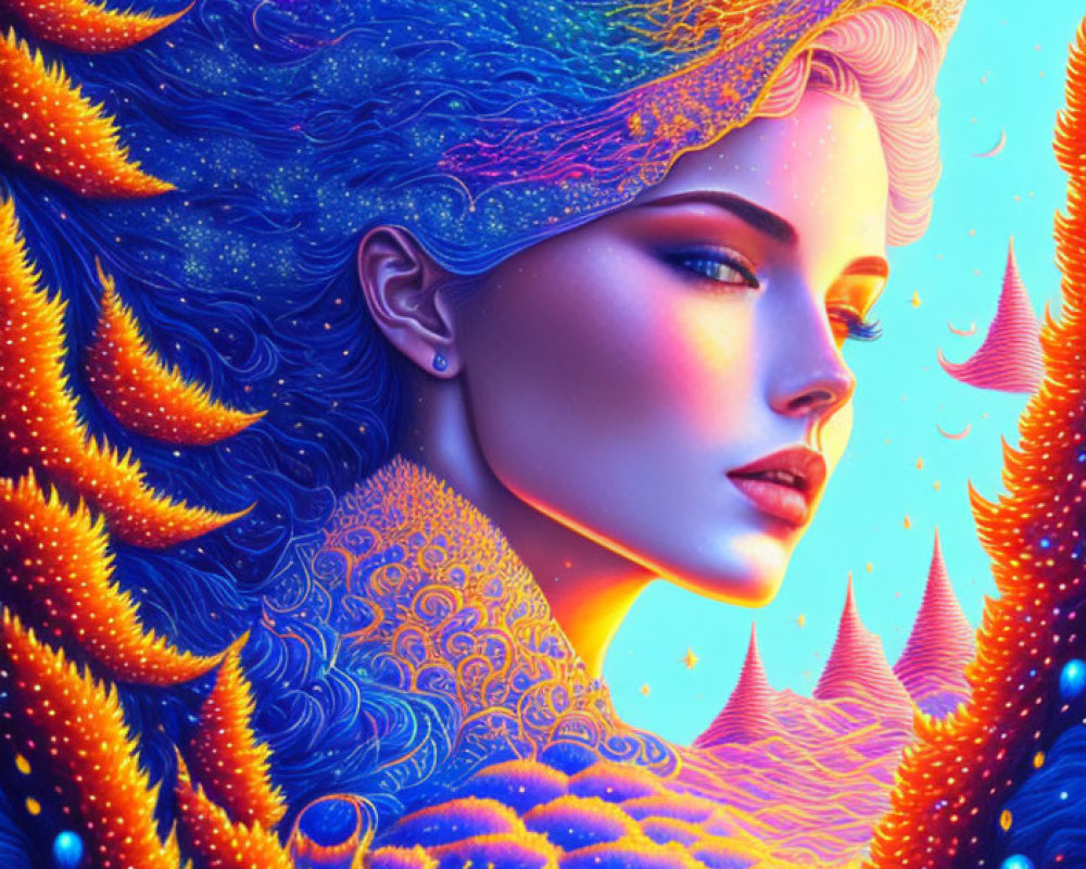 Colorful digital painting of woman in ornate headdress on cosmic backdrop