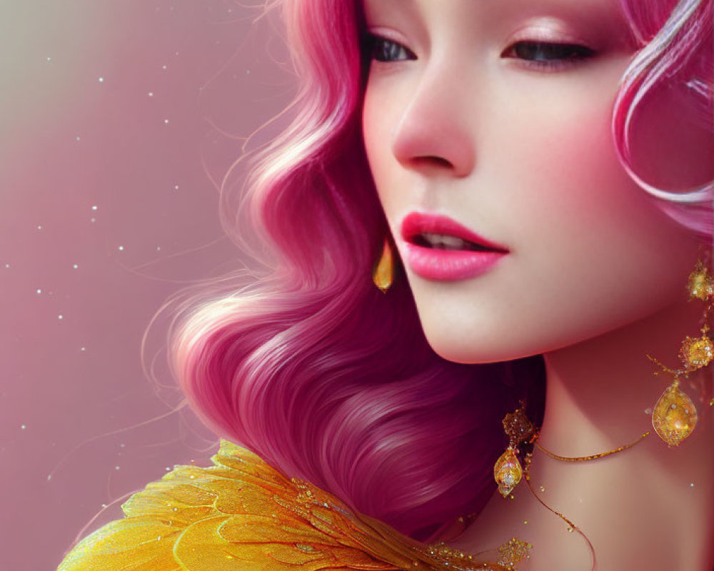 Pink-haired woman with golden jewelry and butterfly wing attire.