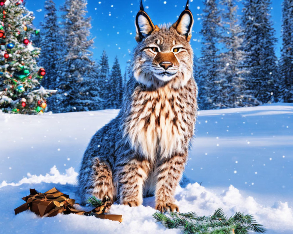 Lynx in snowy landscape with Christmas tree and torn gift wrapping