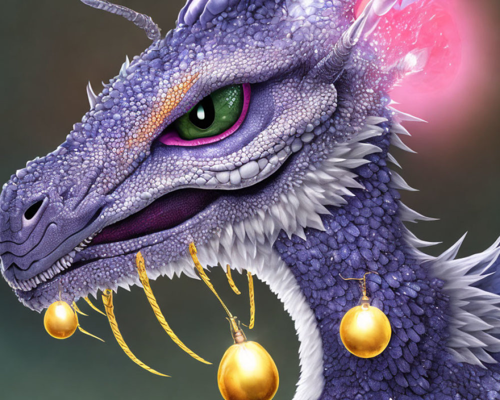 Detailed Purple Dragon Artwork with Green Eyes and Golden Horns