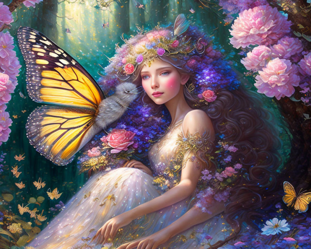 Fantastical woman with butterfly wings in lush greenery and pink flowers