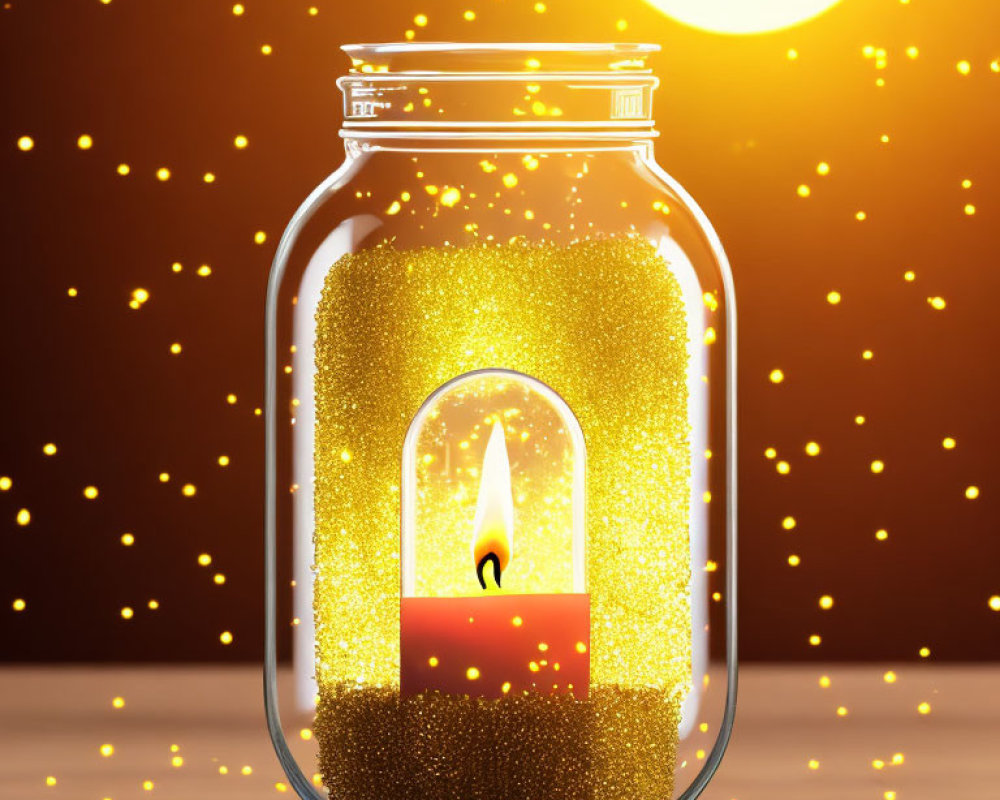 Glowing candle in golden glitter jar with bokeh lights and warm light source