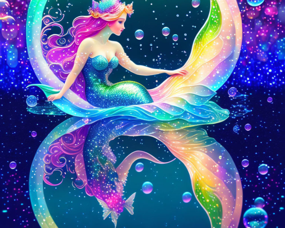 Colorful Mermaid Illustration with Seashell Crown and Sparkling Tail