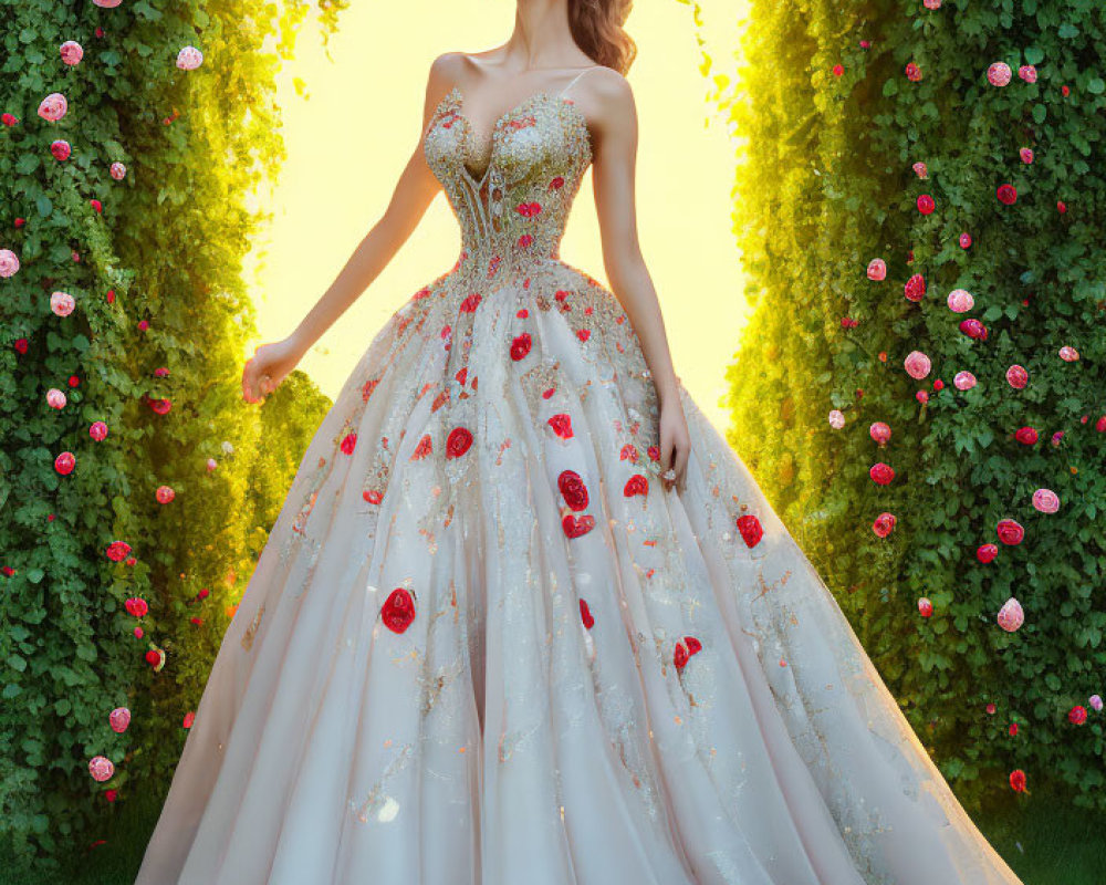 Woman in elaborate floral gown under greenery archway exudes elegance