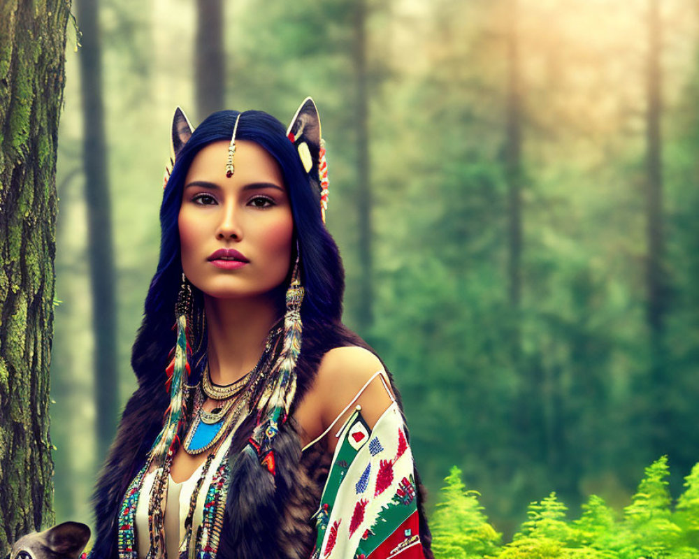 Native American woman in traditional headdress among forest with ornate accessories