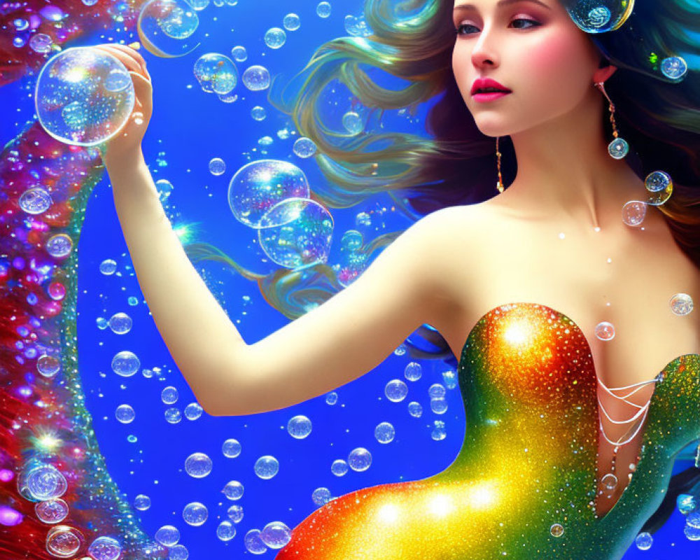 Colorful Mermaid Illustration with Rainbow Tail and Hair in Underwater Scene