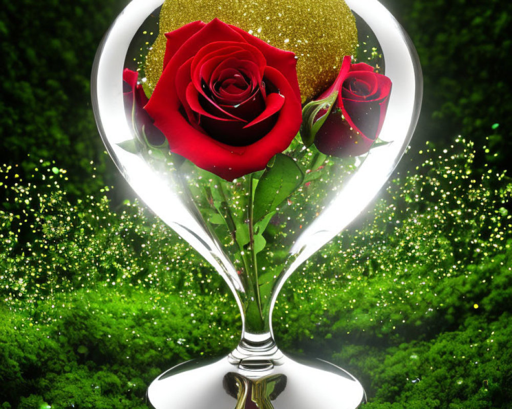 Glass bell jar with illuminated red roses and gold sphere on green background