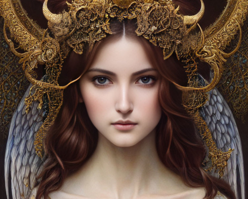 Digital artwork of woman with ornate golden headdress and winged shoulder armor