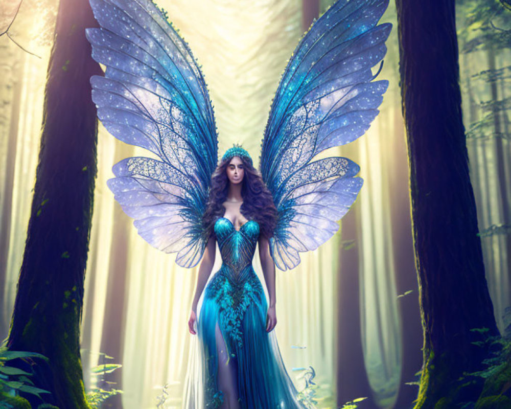 Fantastical figure with iridescent wings in sunlit forest wearing blue and green gown