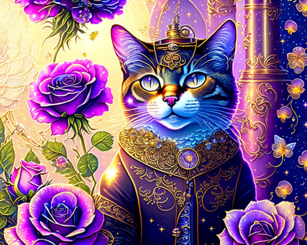 Majestic cat in regal attire with purple roses and golden patterns