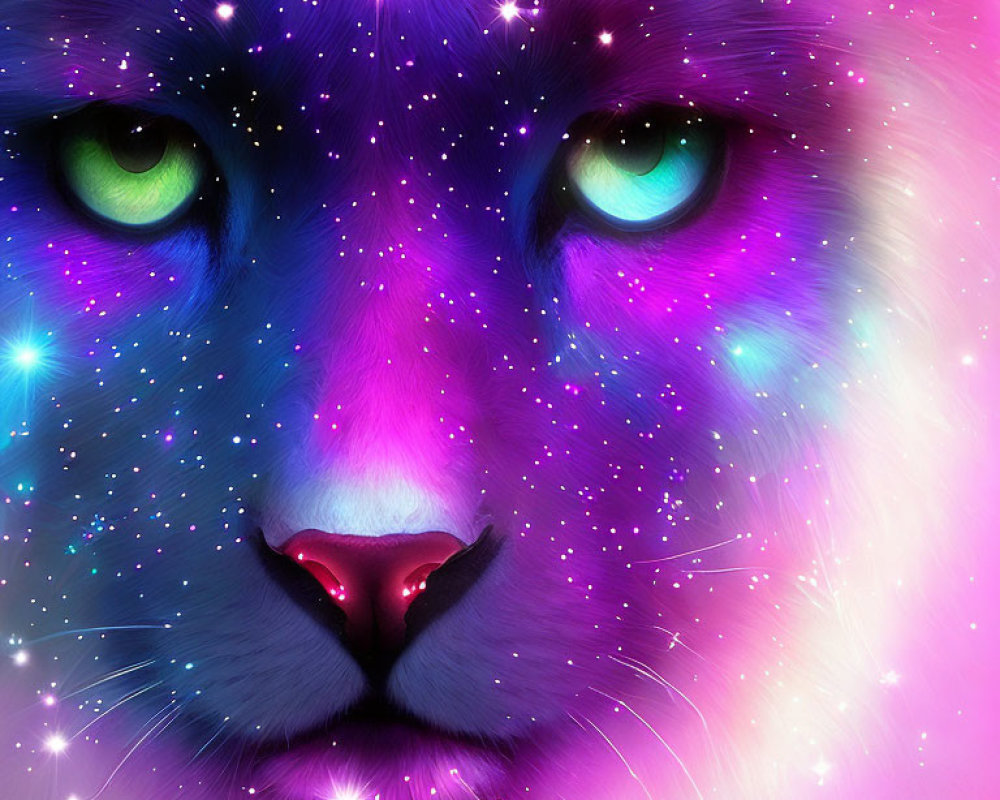 Colorful Digital Artwork: Cat's Face in Galaxy Background