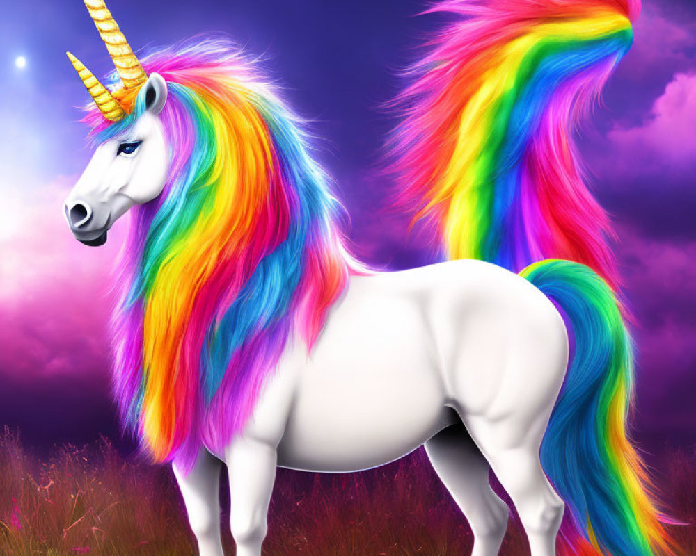 Colorful Unicorn Illustration with Rainbow Mane in Twilight Field