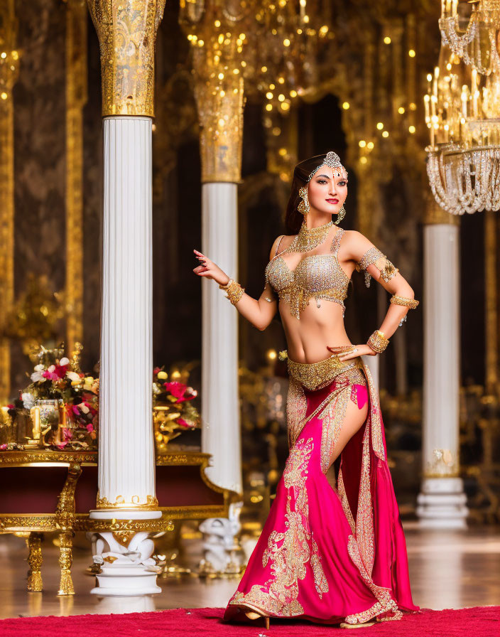 Luxurious Room Portrait: Woman in Gold and Pink Sari with Elaborate Jewelry