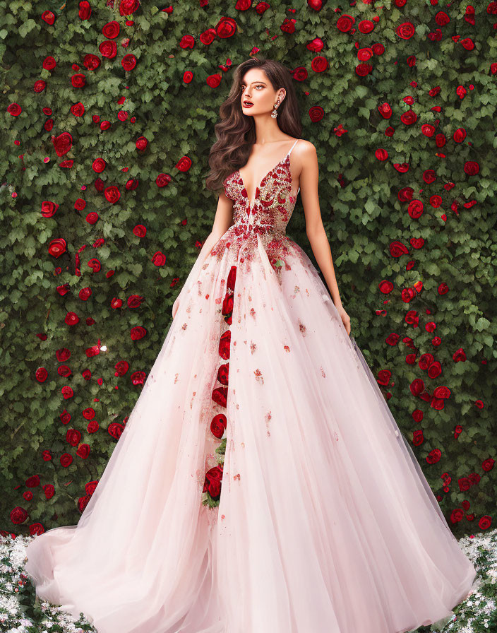 Woman in White and Red Floral Gown Surrounded by Red Roses