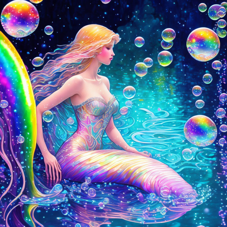 Colorful mermaid illustration with flowing hair in iridescent bubbles and starry underwater scene