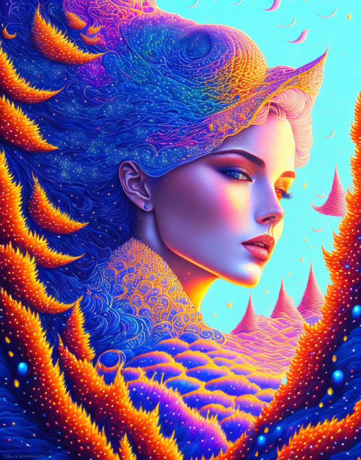 Colorful digital painting of woman in ornate headdress on cosmic backdrop