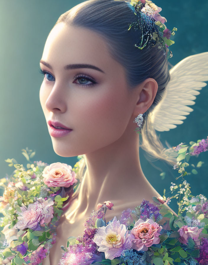 Colorful Flower Adorned Mythical Being with Delicate Wings