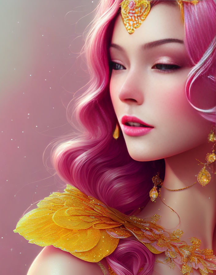 Pink-haired woman with golden jewelry and butterfly wing attire.