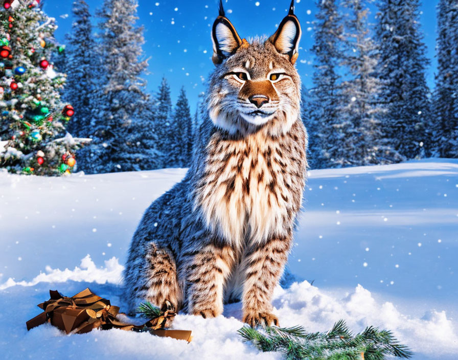 Lynx in snowy landscape with Christmas tree and torn gift wrapping