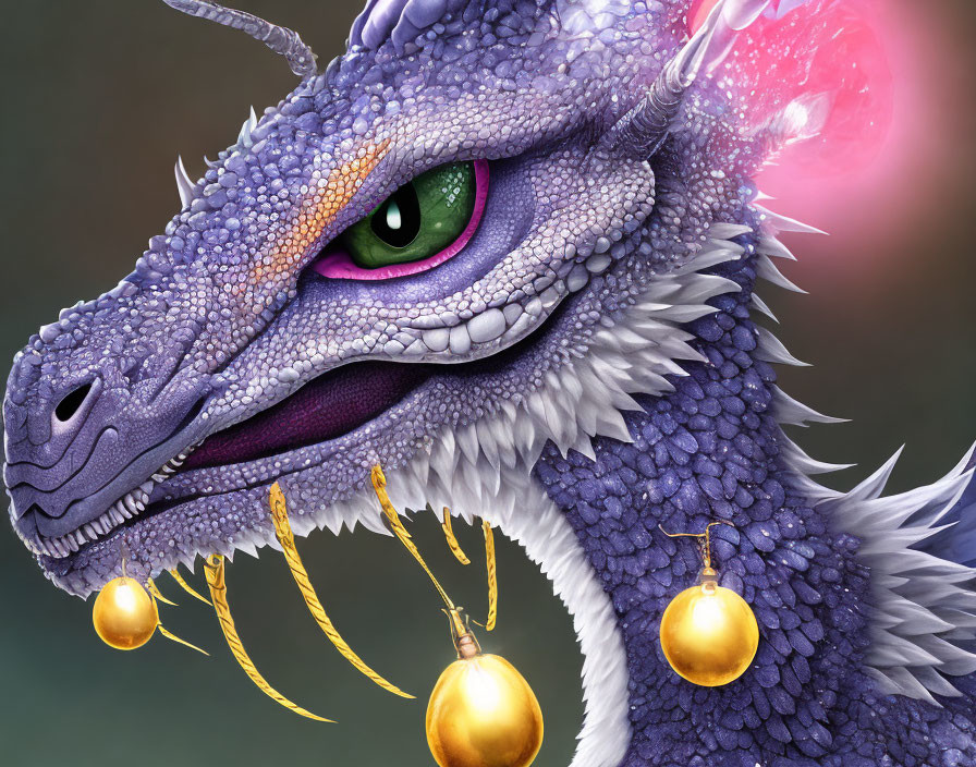 Detailed Purple Dragon Artwork with Green Eyes and Golden Horns