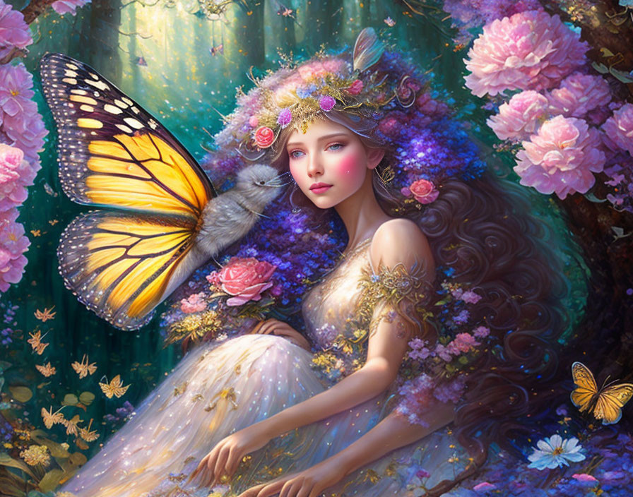 Fantastical woman with butterfly wings in lush greenery and pink flowers