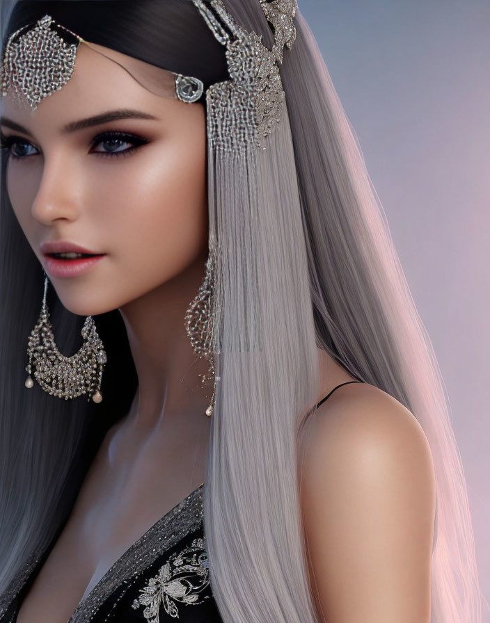 Silver-haired woman with ornate head jewelry and intricate beadwork portrait.